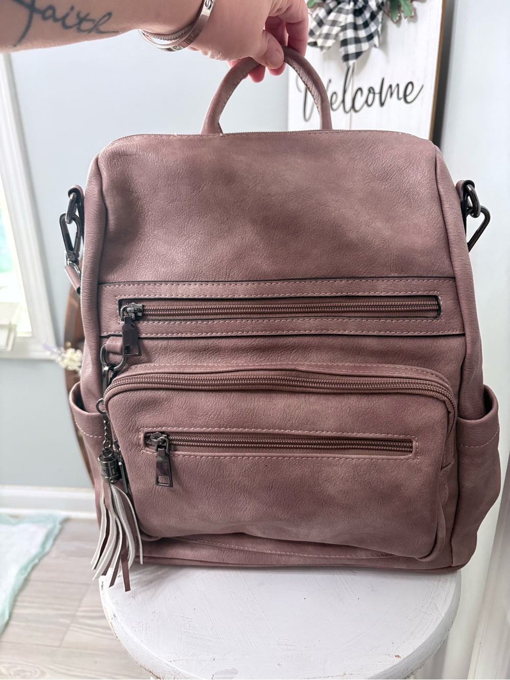 Convertible Mauve Faux-Leather Backpack Tote - Unbranded
